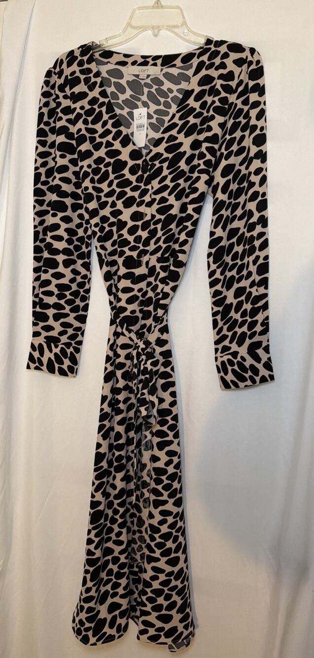 LOFT Women's Animal Print Button Down Midi Dress, Beige/Brown, Size 12 NEW